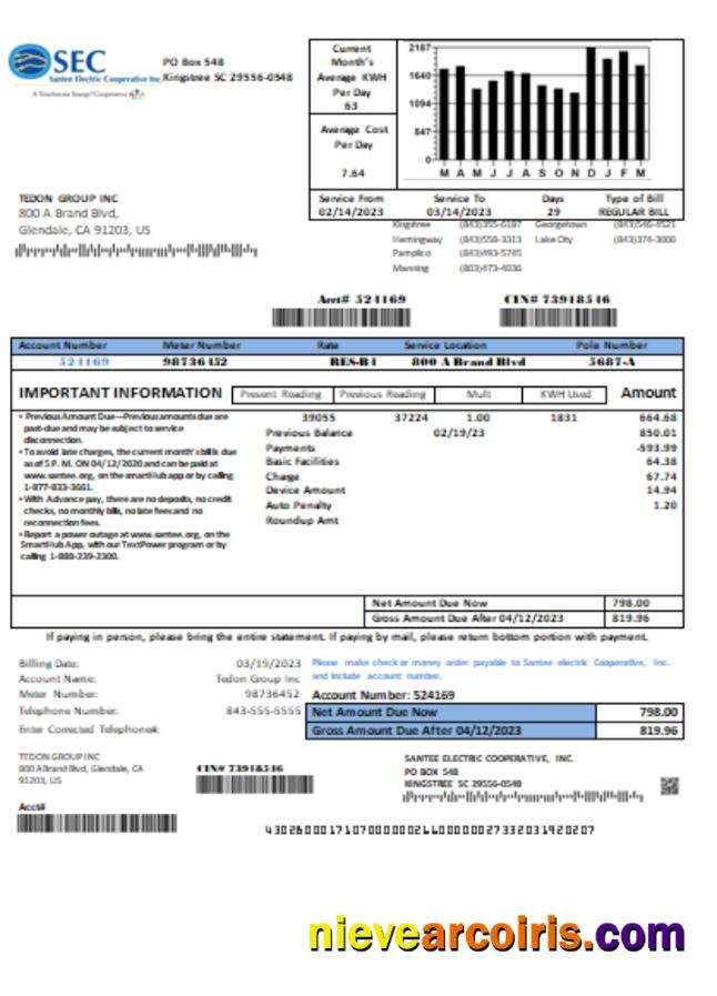 Santee Electric Cooperative Inc (SEC) proof of address utility business bill